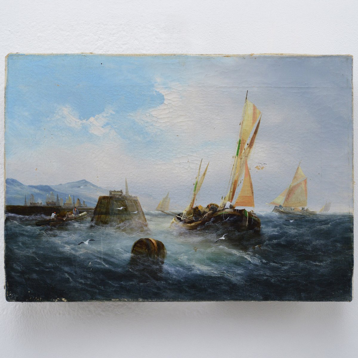 19e Siecle Paysage Marin Romantique Britannique Huile Sur Toile Bateaux Peche Signee