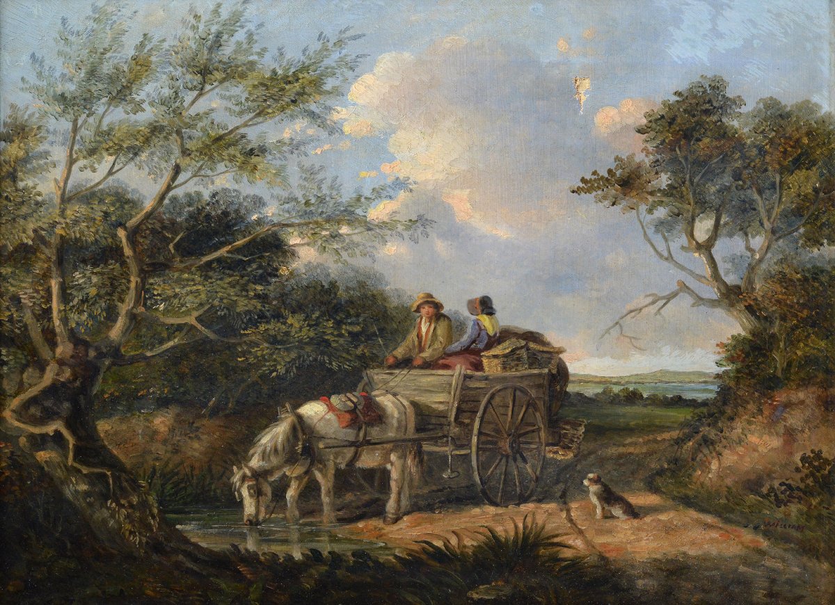 19th Century British Pastoral Horse Cart Watering Scene Oil Canvas Framed Signed-photo-2