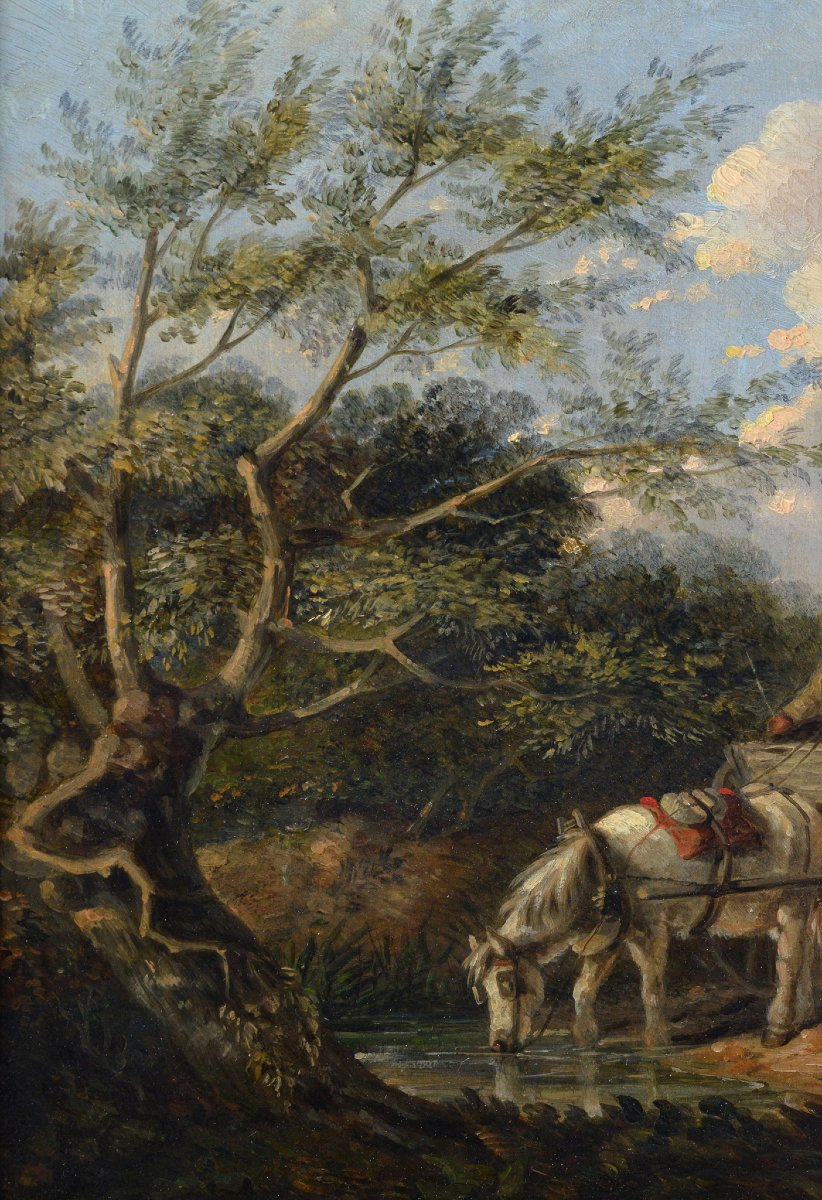 19th Century British Pastoral Horse Cart Watering Scene Oil Canvas Framed Signed-photo-3