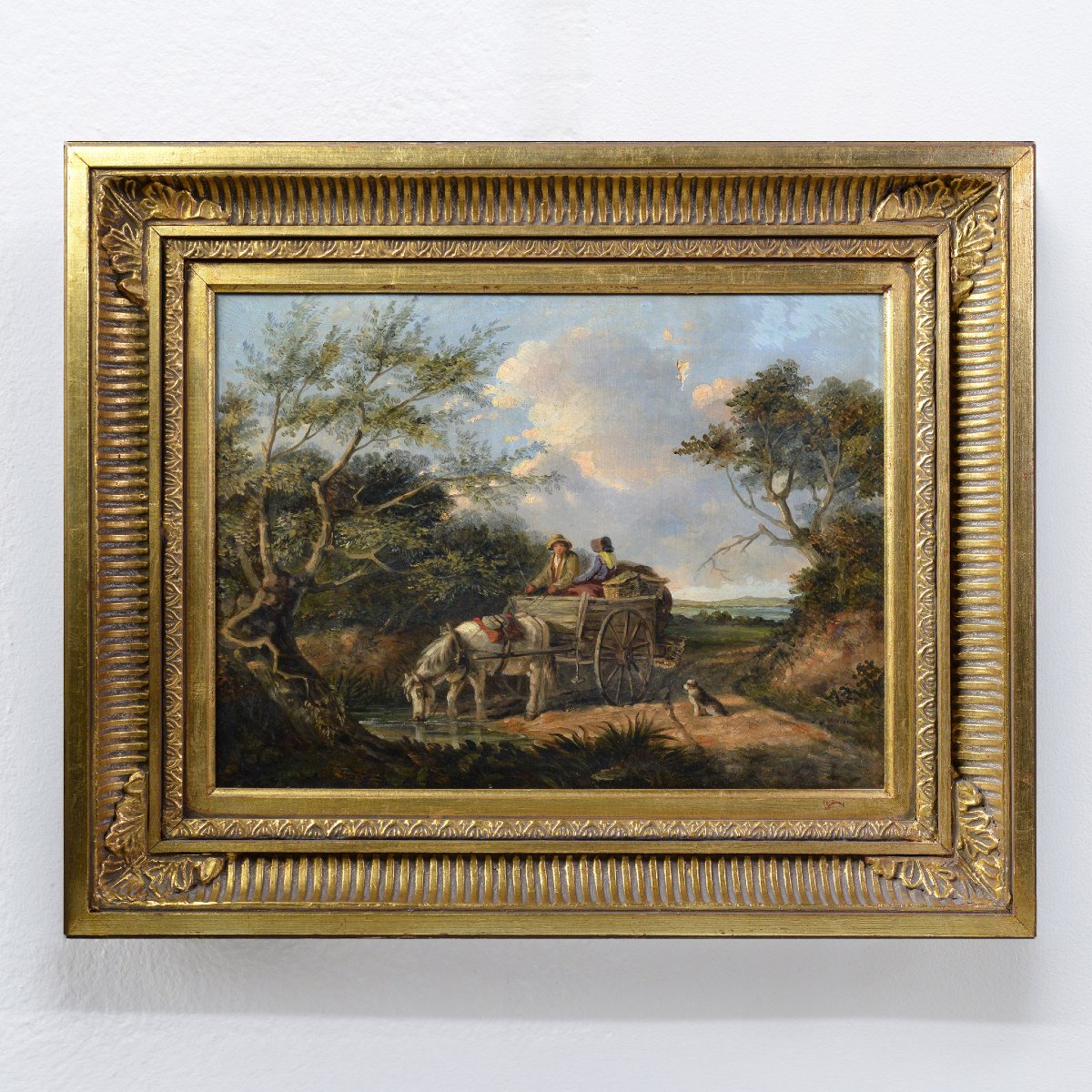 19th Century British Pastoral Horse Cart Watering Scene Oil Canvas Framed Signed