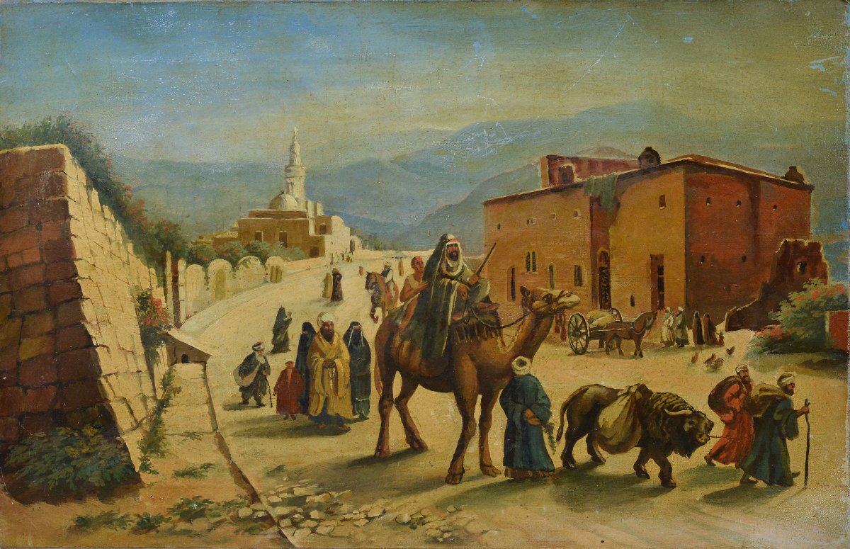 19th Century Romantic Orientalism Eastern Cityscape Busy Street Scene Oil Canvas-photo-2