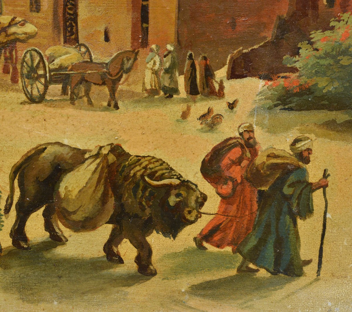 19th Century Romantic Orientalism Eastern Cityscape Busy Street Scene Oil Canvas-photo-4