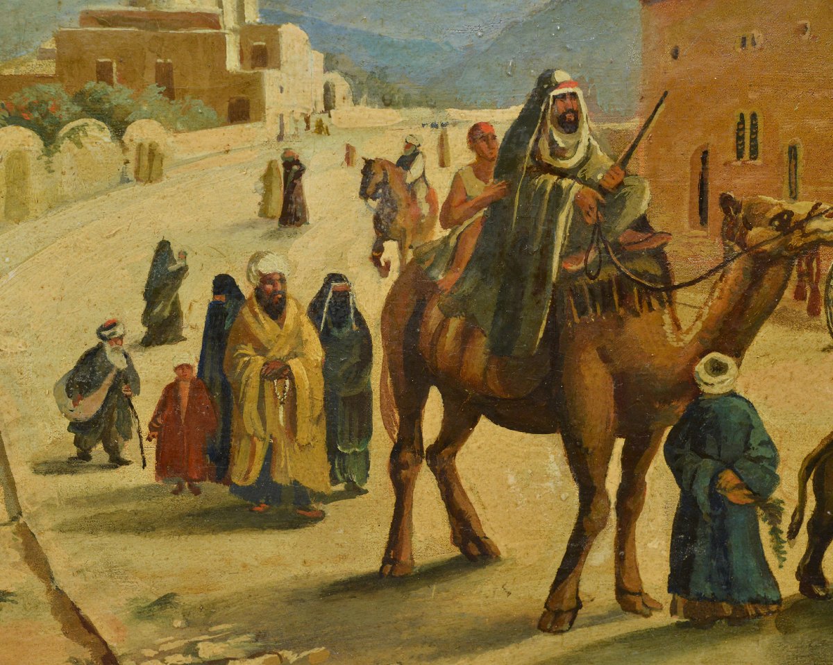 19th Century Romantic Orientalism Eastern Cityscape Busy Street Scene Oil Canvas-photo-1