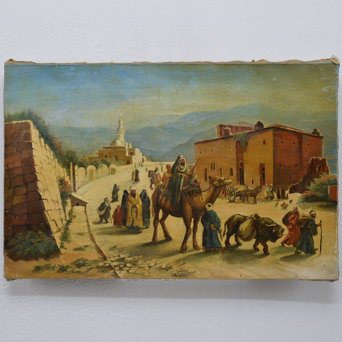19th Century Romantic Orientalism Eastern Cityscape Busy Street Scene Oil Canvas