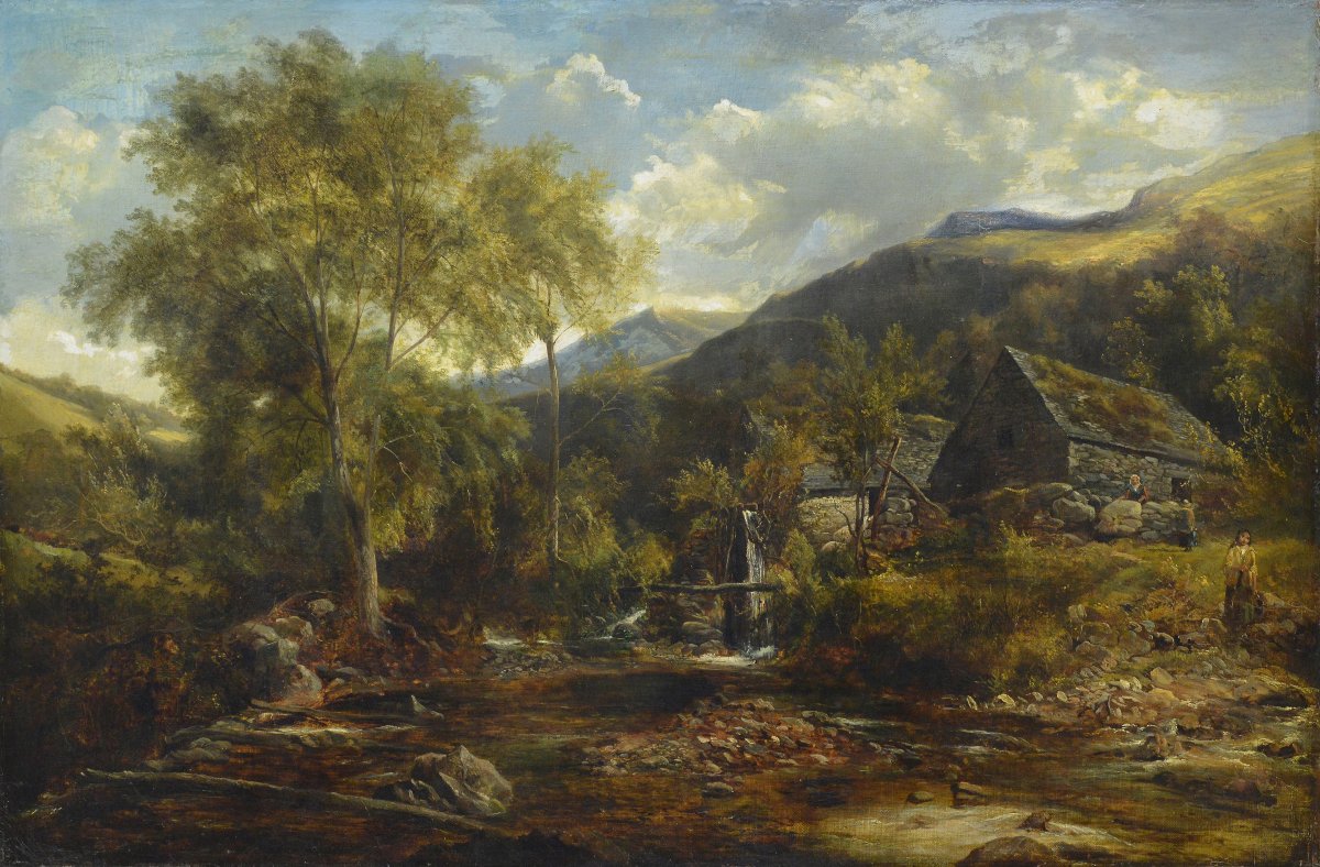 Paysage Montagneux Romantique Britannique XIXe Siecle Scene Moulin a Eau Huile sur Toile-photo-2