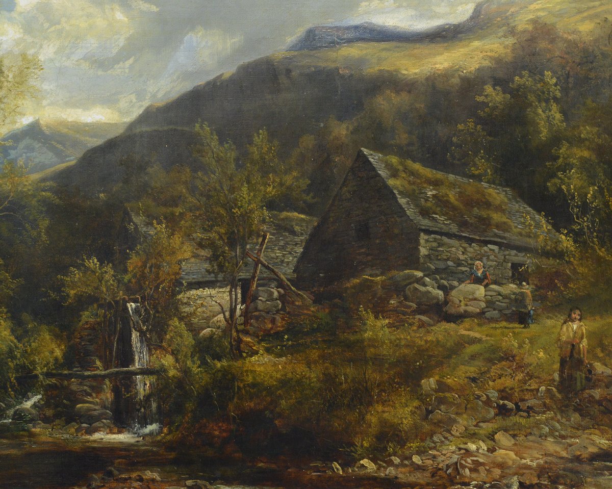 Paysage Montagneux Romantique Britannique XIXe Siecle Scene Moulin a Eau Huile sur Toile-photo-3