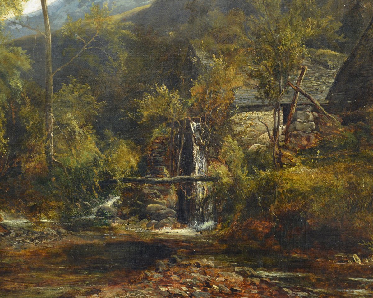 Paysage Montagneux Romantique Britannique XIXe Siecle Scene Moulin a Eau Huile sur Toile-photo-2