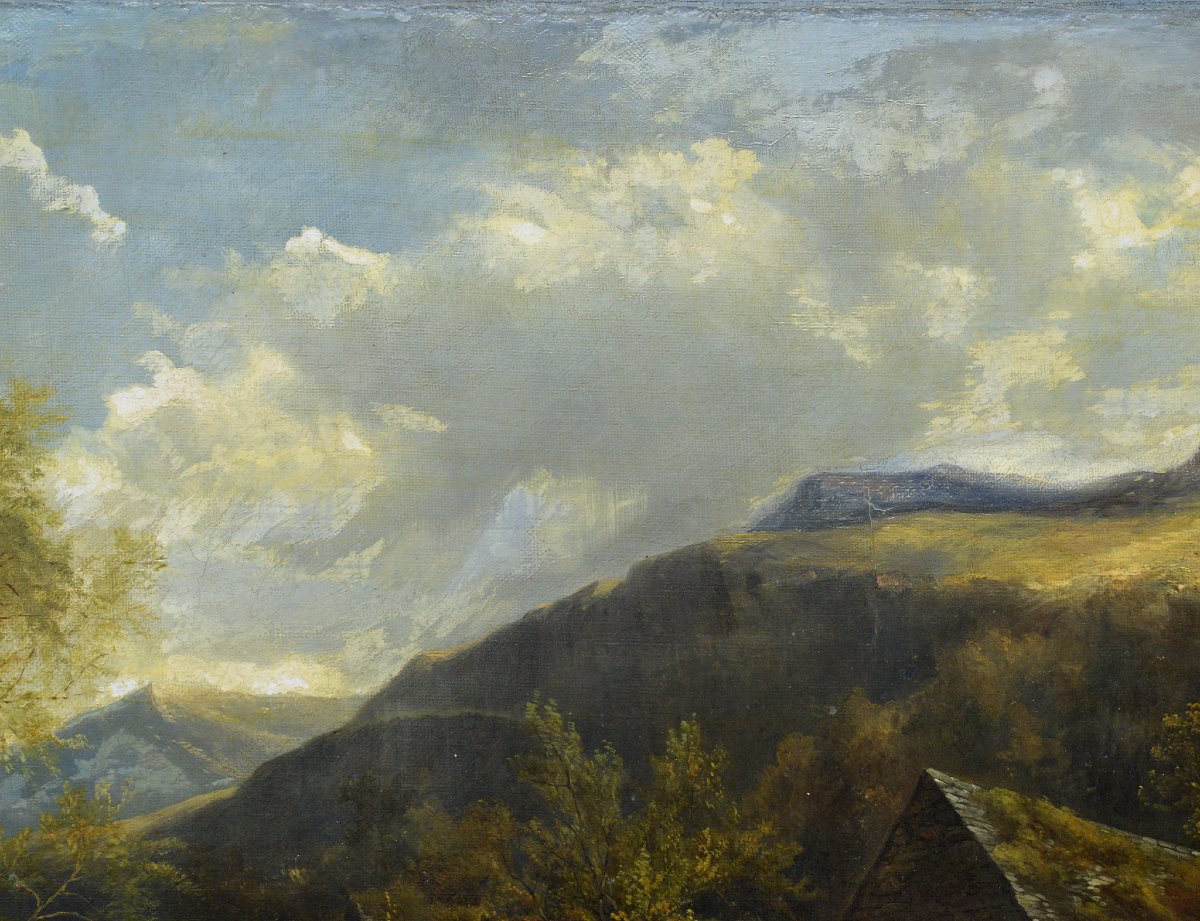 Paysage Montagneux Romantique Britannique XIXe Siecle Scene Moulin a Eau Huile sur Toile-photo-3