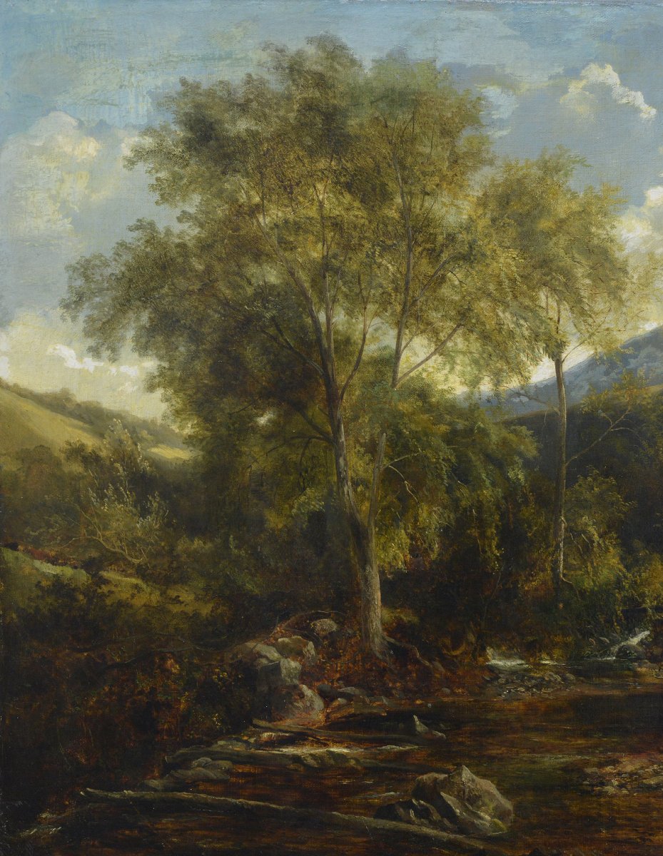 Paysage Montagneux Romantique Britannique XIXe Siecle Scene Moulin a Eau Huile sur Toile-photo-4