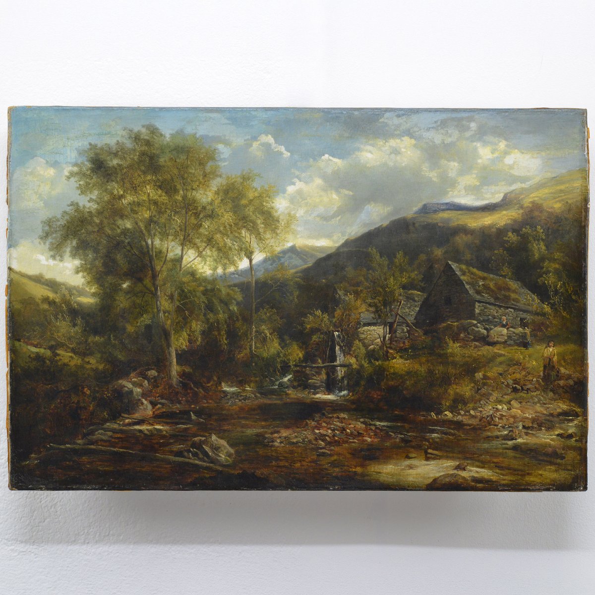 Paysage Montagneux Romantique Britannique XIXe Siecle Scene Moulin a Eau Huile sur Toile