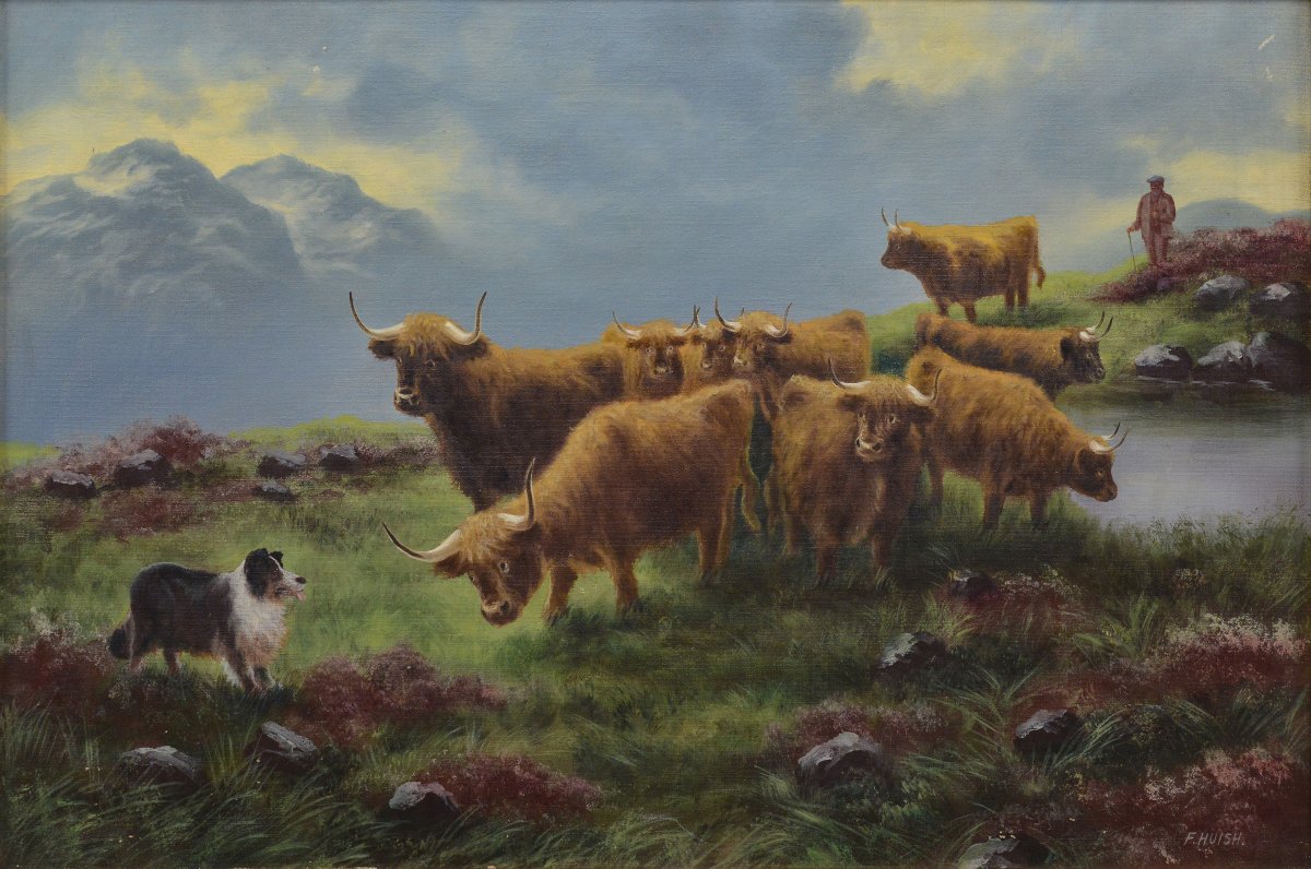 19th Century Scottish Highland Cattle Loch Landscape Oil Painting Signed Huish-photo-2