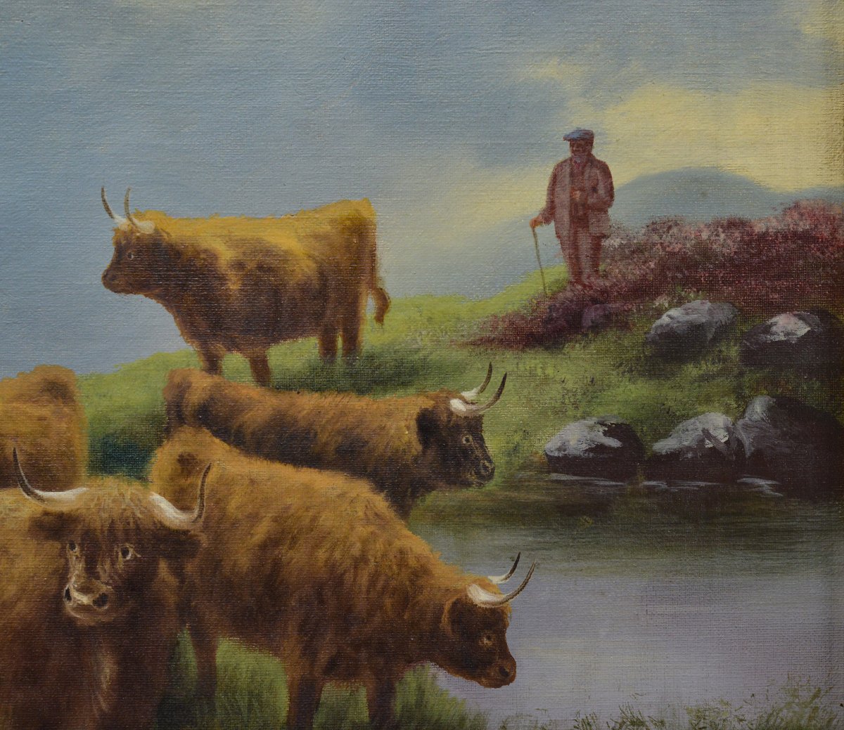 19th Century Scottish Highland Cattle Loch Landscape Oil Painting Signed Huish-photo-1
