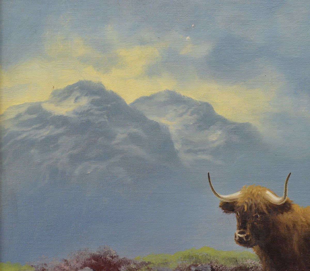19th Century Scottish Highland Cattle Loch Landscape Oil Painting Signed Huish-photo-2