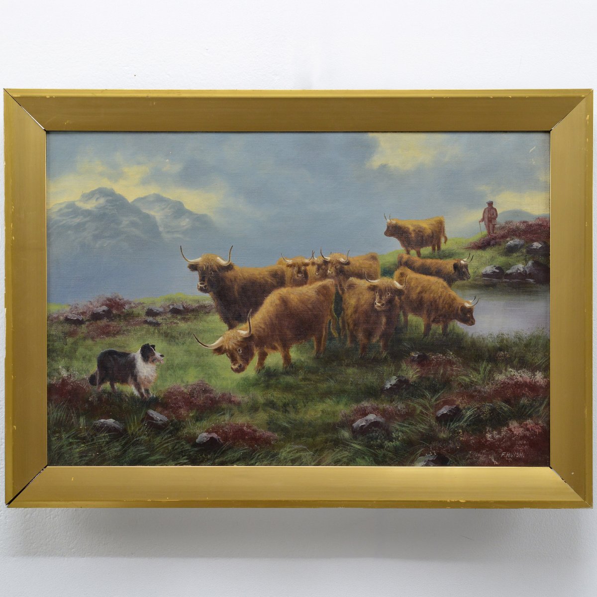19th Century Scottish Highland Cattle Loch Landscape Oil Painting Signed Huish