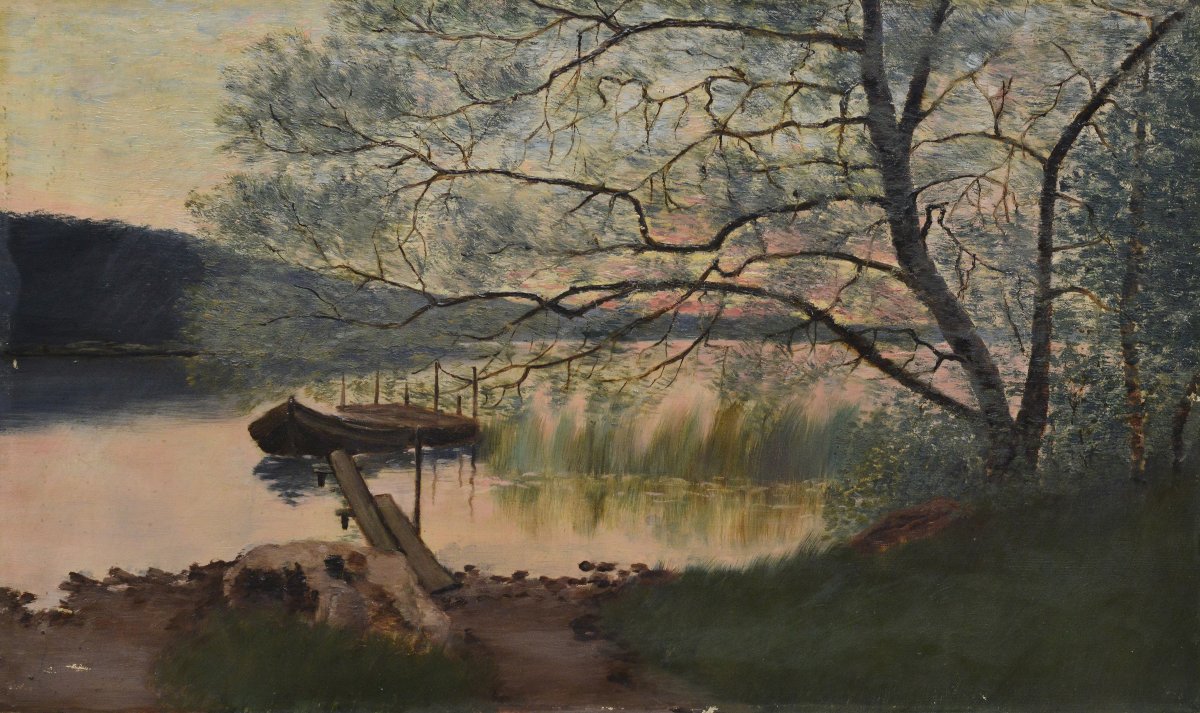 19e Siecle Paysage Lacustre Romantique Scandinave Crepuscule Huile Sur Toile-photo-2