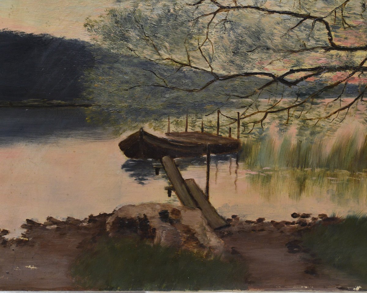 19e Siecle Paysage Lacustre Romantique Scandinave Crepuscule Huile Sur Toile-photo-3