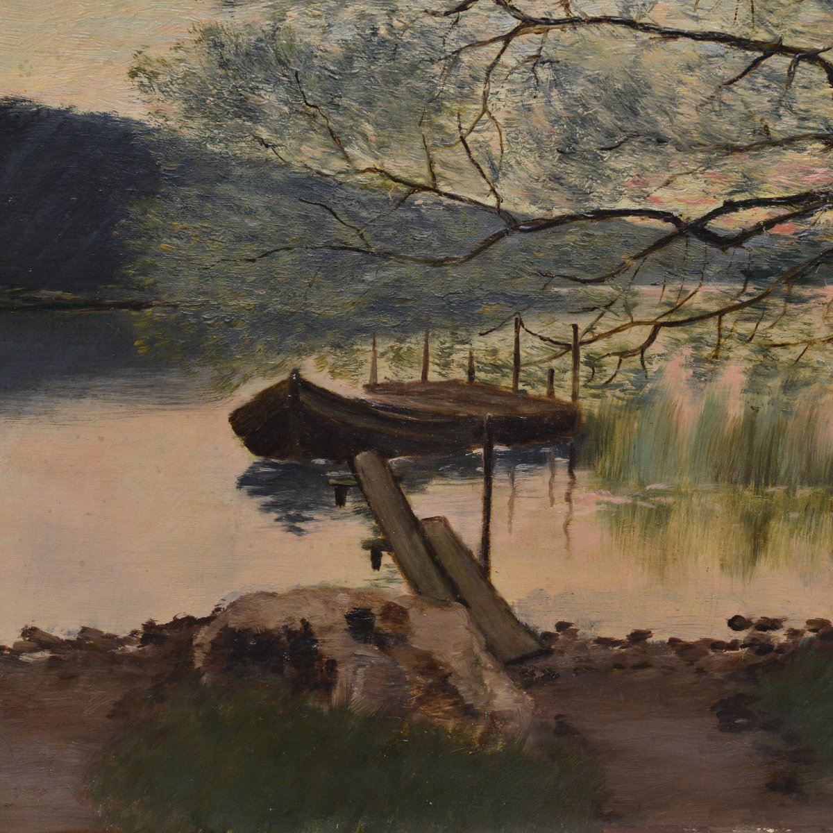 19e Siecle Paysage Lacustre Romantique Scandinave Crepuscule Huile Sur Toile-photo-4