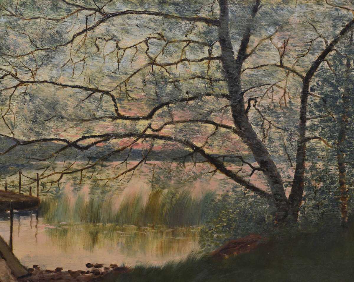 19e Siecle Paysage Lacustre Romantique Scandinave Crepuscule Huile Sur Toile-photo-1