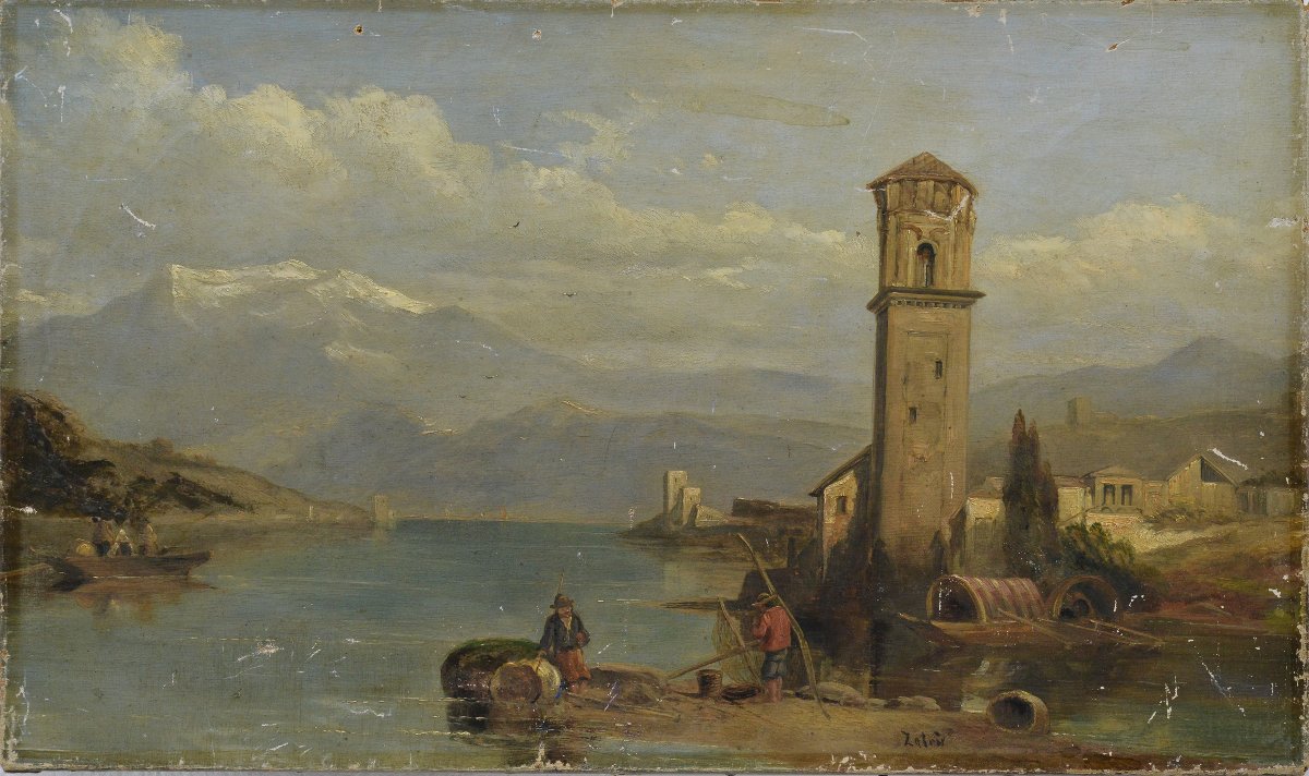 Paysage Romantique Italien 19e Siecle Village Lac Alpin Huile sur Toile Signee-photo-2