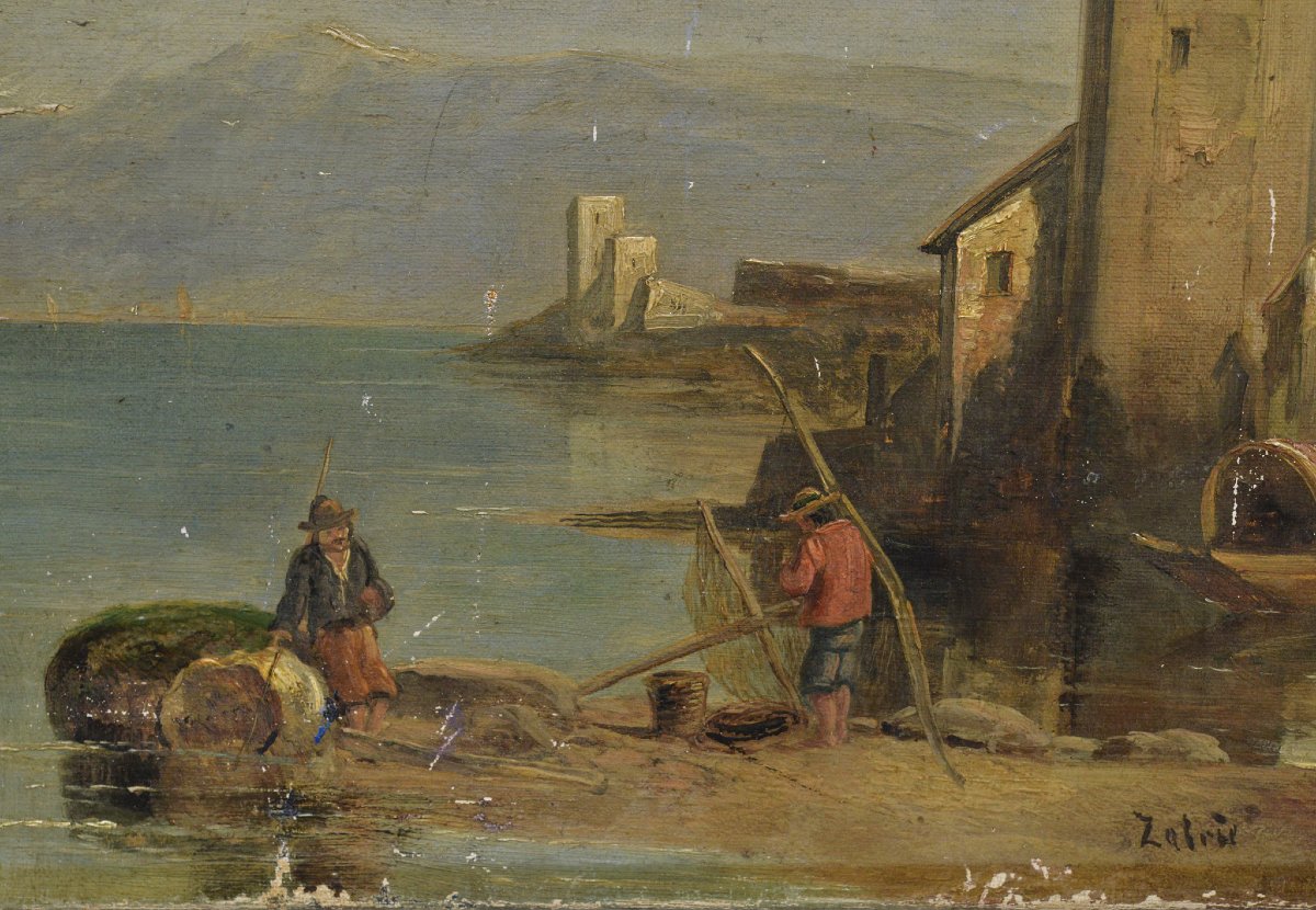 Paysage Romantique Italien 19e Siecle Village Lac Alpin Huile sur Toile Signee-photo-3