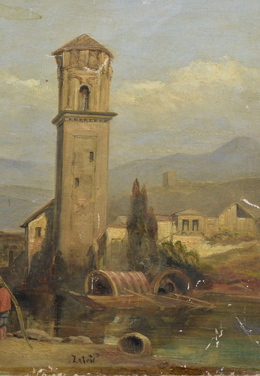 Paysage Romantique Italien 19e Siecle Village Lac Alpin Huile sur Toile Signee-photo-4