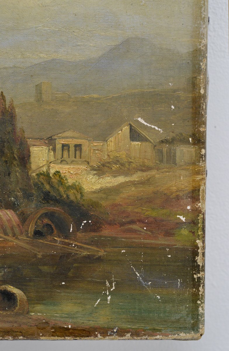 Paysage Romantique Italien 19e Siecle Village Lac Alpin Huile sur Toile Signee-photo-1