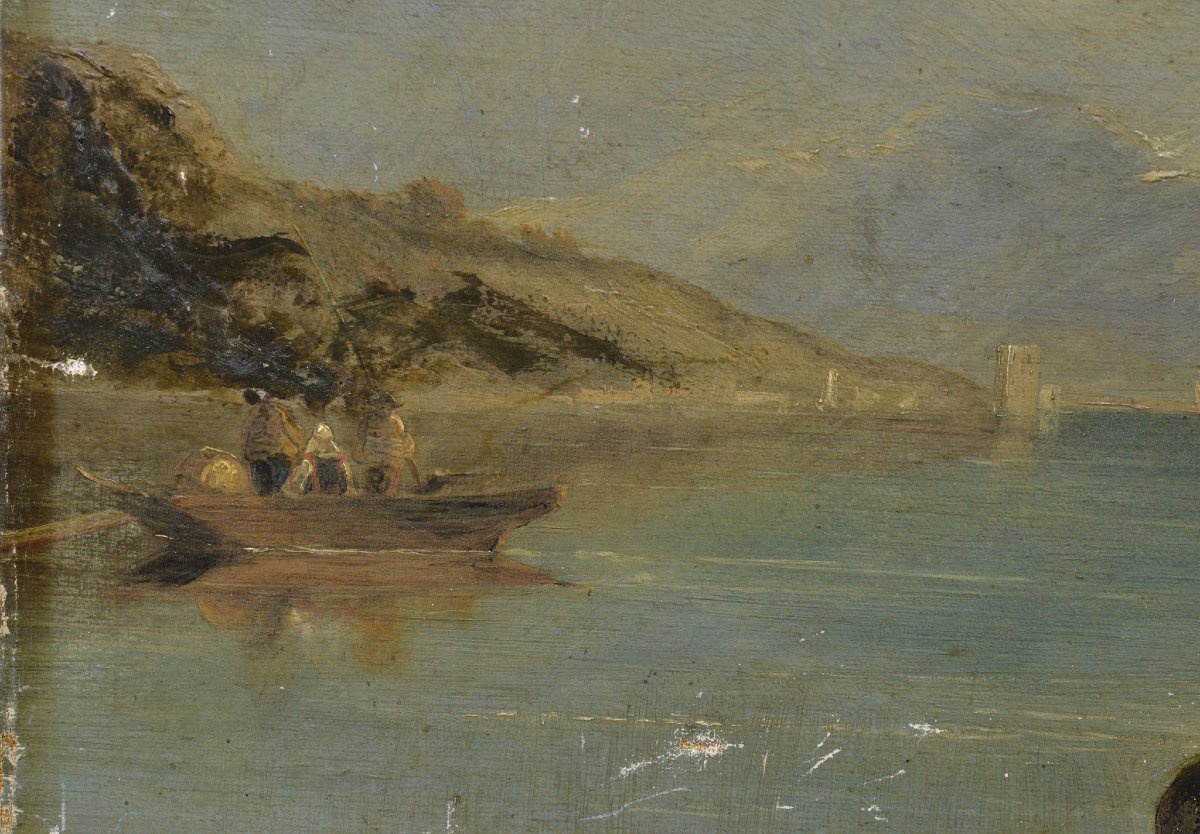 Paysage Romantique Italien 19e Siecle Village Lac Alpin Huile sur Toile Signee-photo-2