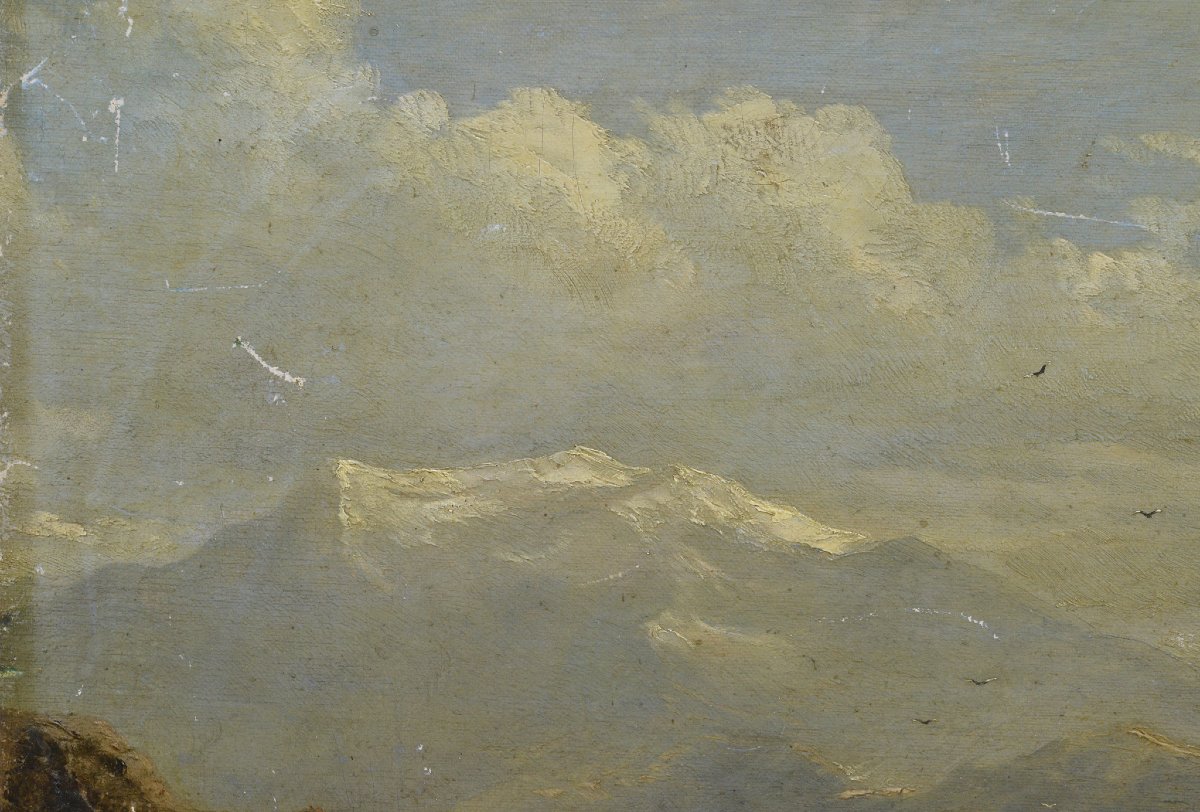 Paysage Romantique Italien 19e Siecle Village Lac Alpin Huile sur Toile Signee-photo-3