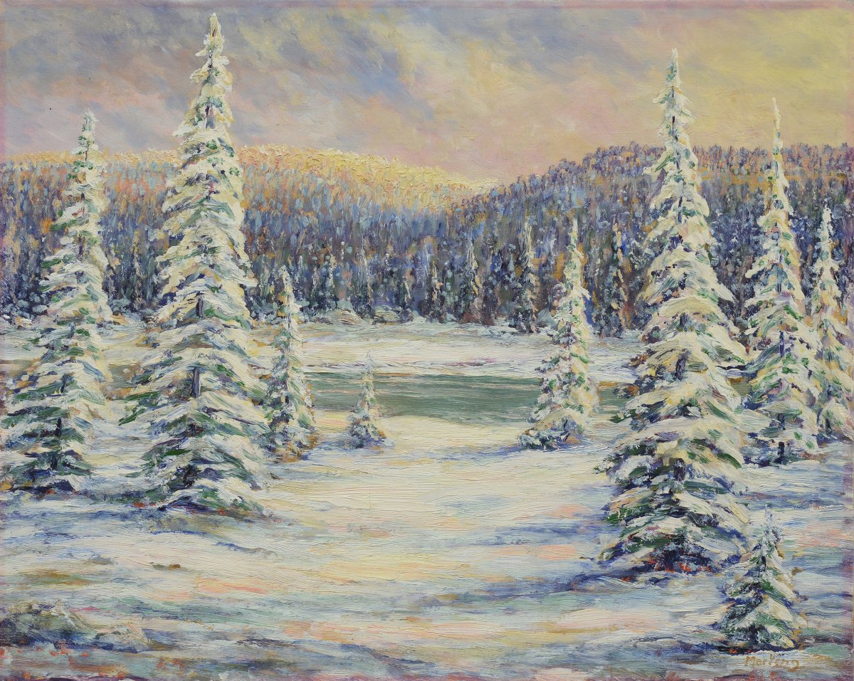 Début 20e Siècle Impressionniste Européen Forêt Hiver Coucher Soleil Huile Toile Signée-photo-2