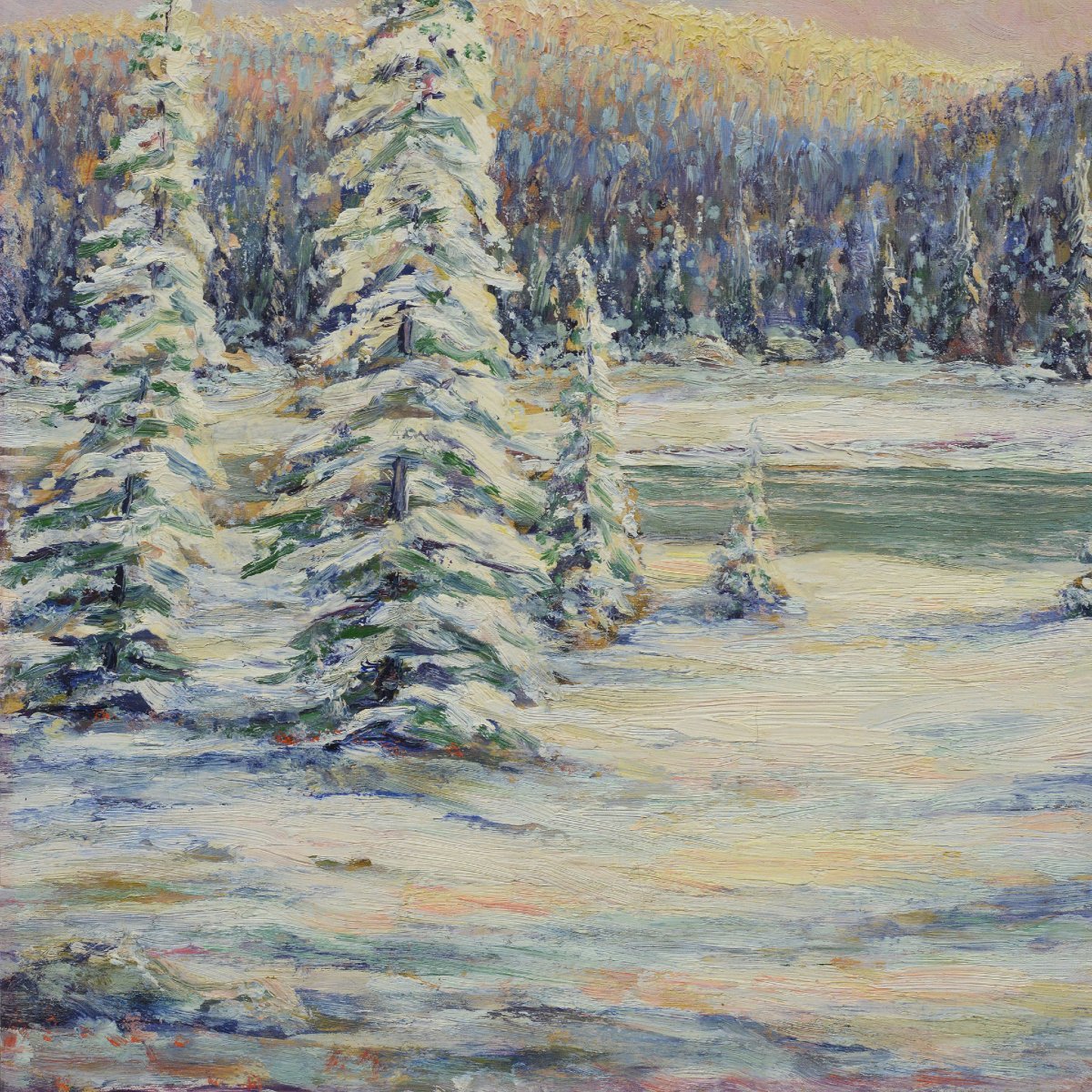 Début 20e Siècle Impressionniste Européen Forêt Hiver Coucher Soleil Huile Toile Signée-photo-4