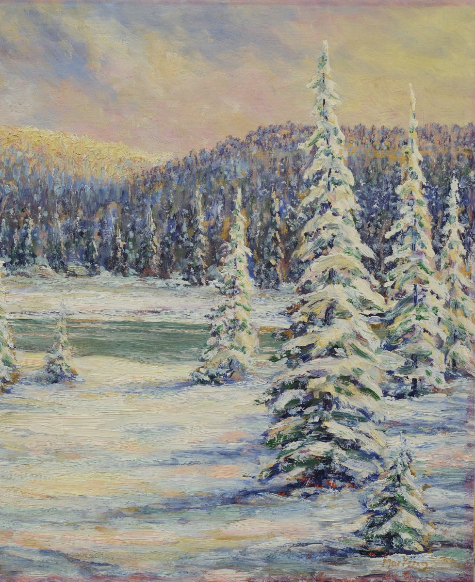 Début 20e Siècle Impressionniste Européen Forêt Hiver Coucher Soleil Huile Toile Signée-photo-1