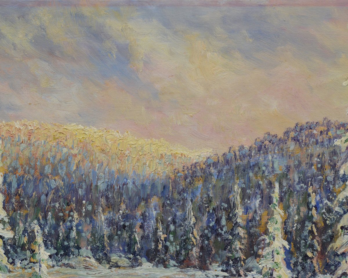 Début 20e Siècle Impressionniste Européen Forêt Hiver Coucher Soleil Huile Toile Signée-photo-2
