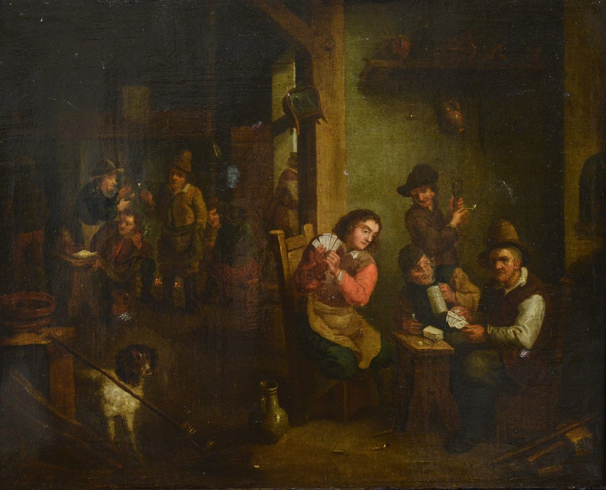 17th Century Baroque Flemish School Tavern Genre Scene Card Players Oil Canvas-photo-2