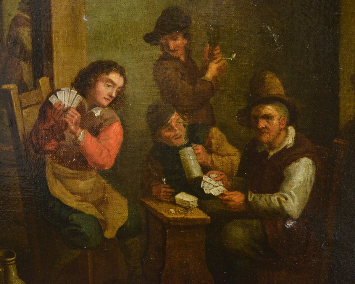 17th Century Baroque Flemish School Tavern Genre Scene Card Players Oil Canvas-photo-3
