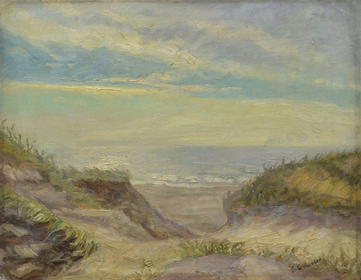 Début XXe Siècle Peinture Scandinave Dunes Côtières Ensoleillées Huile Sur Toile Signée-photo-2
