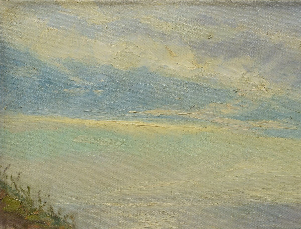 Début XXe Siècle Peinture Scandinave Dunes Côtières Ensoleillées Huile Sur Toile Signée-photo-3