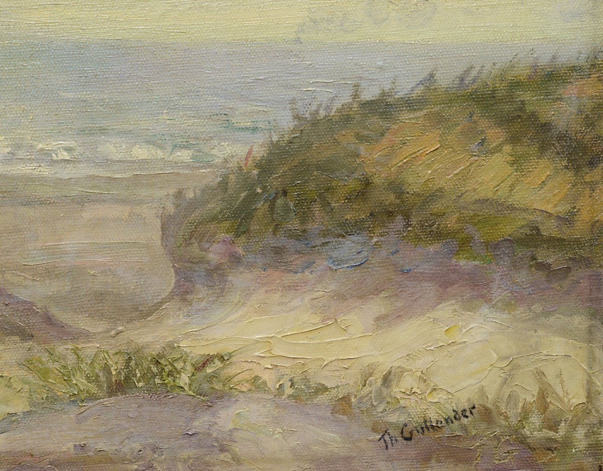 Début XXe Siècle Peinture Scandinave Dunes Côtières Ensoleillées Huile Sur Toile Signée-photo-1