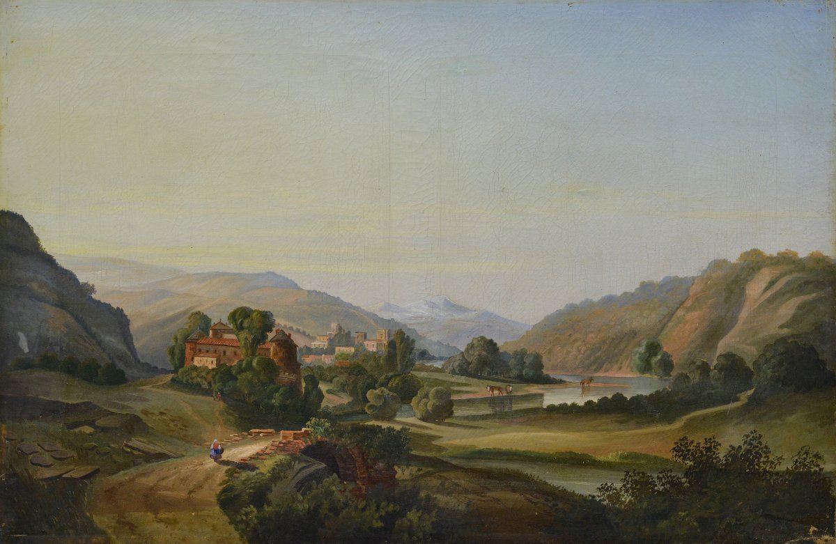 19th Century Romantic Pastoral Alpine River Valley Landscape Oil Canvas Signed-photo-2
