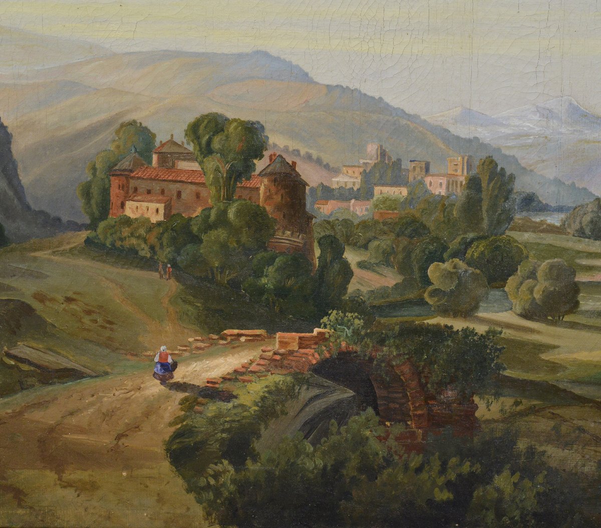 19th Century Romantic Pastoral Alpine River Valley Landscape Oil Canvas Signed-photo-3