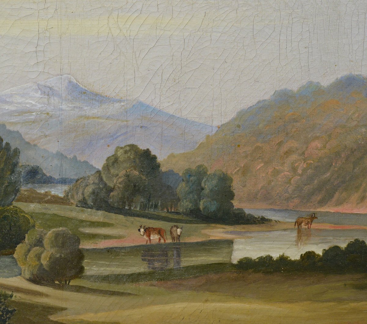 19th Century Romantic Pastoral Alpine River Valley Landscape Oil Canvas Signed-photo-4