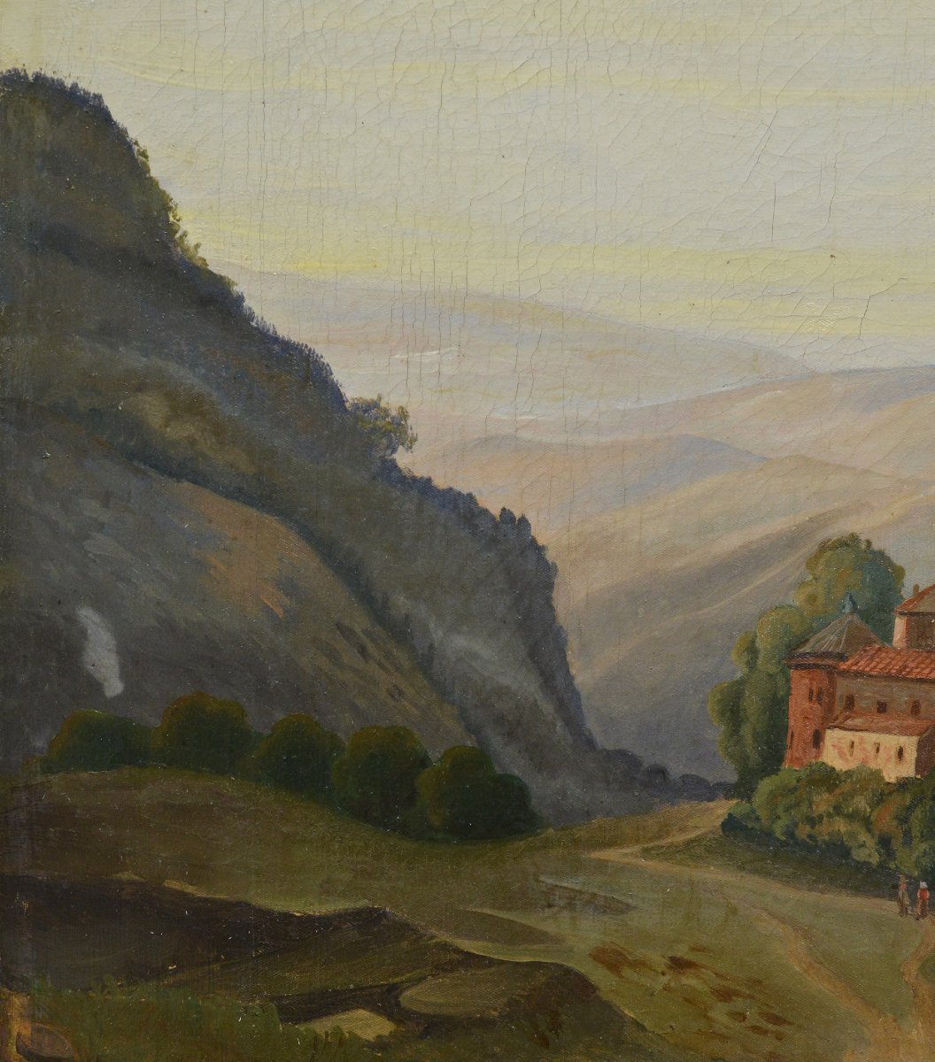 19th Century Romantic Pastoral Alpine River Valley Landscape Oil Canvas Signed-photo-1