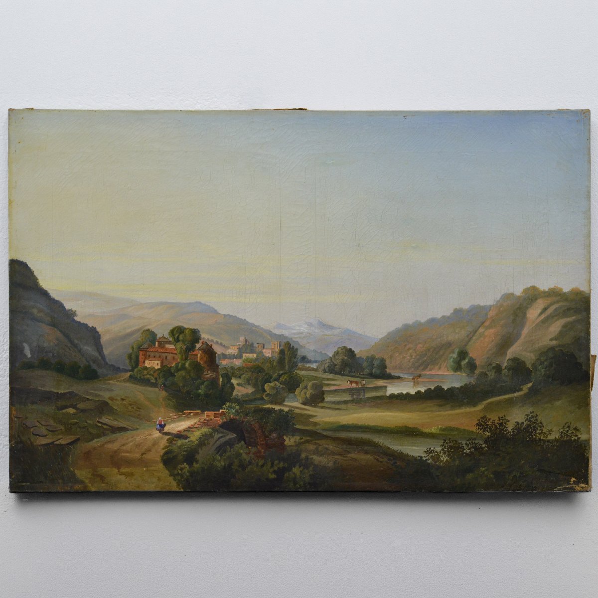 19th Century Romantic Pastoral Alpine River Valley Landscape Oil Canvas Signed