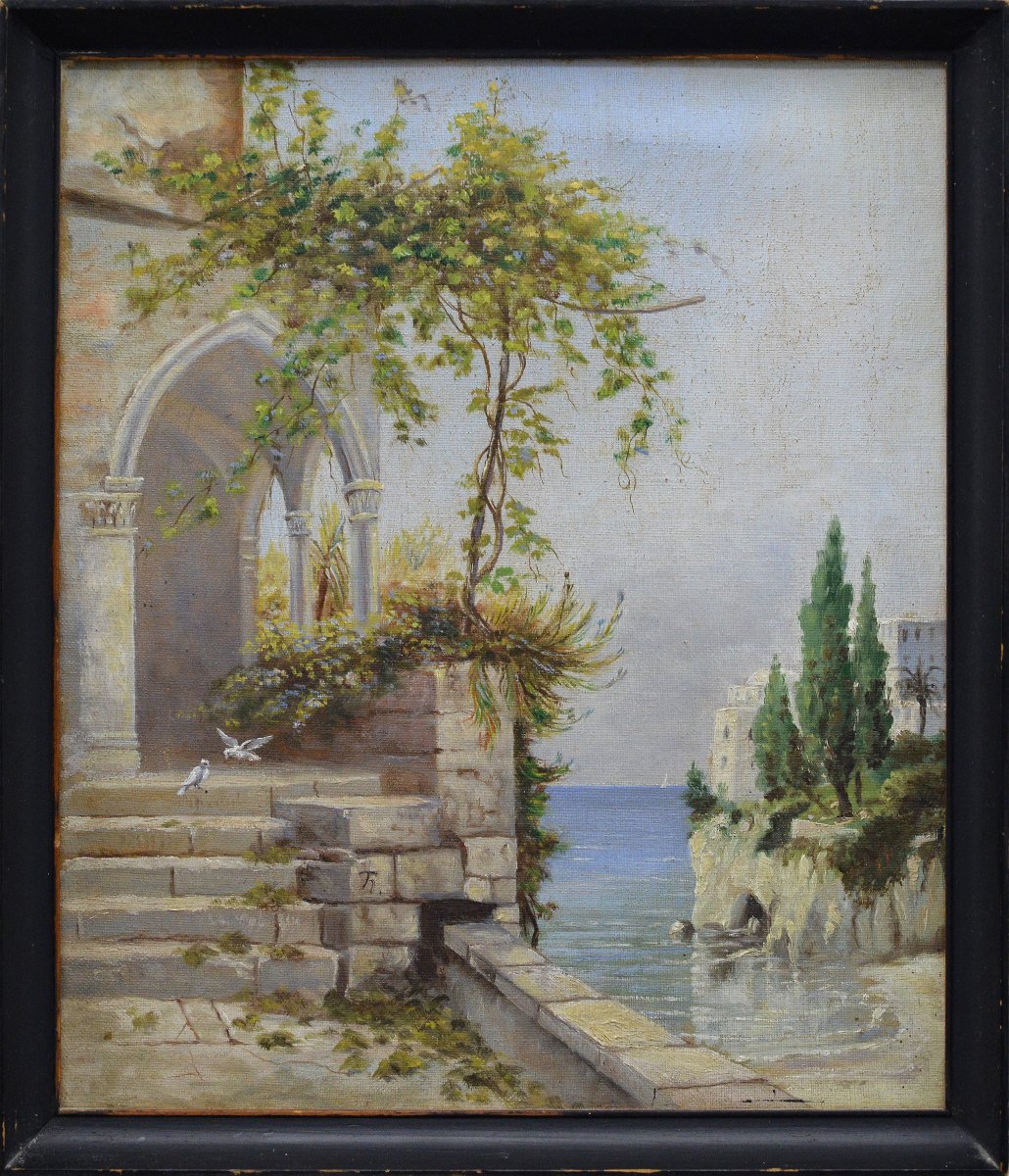 19th Century European Romantic Mediterranean Riviera Oil Canvas Signed Framed-photo-2