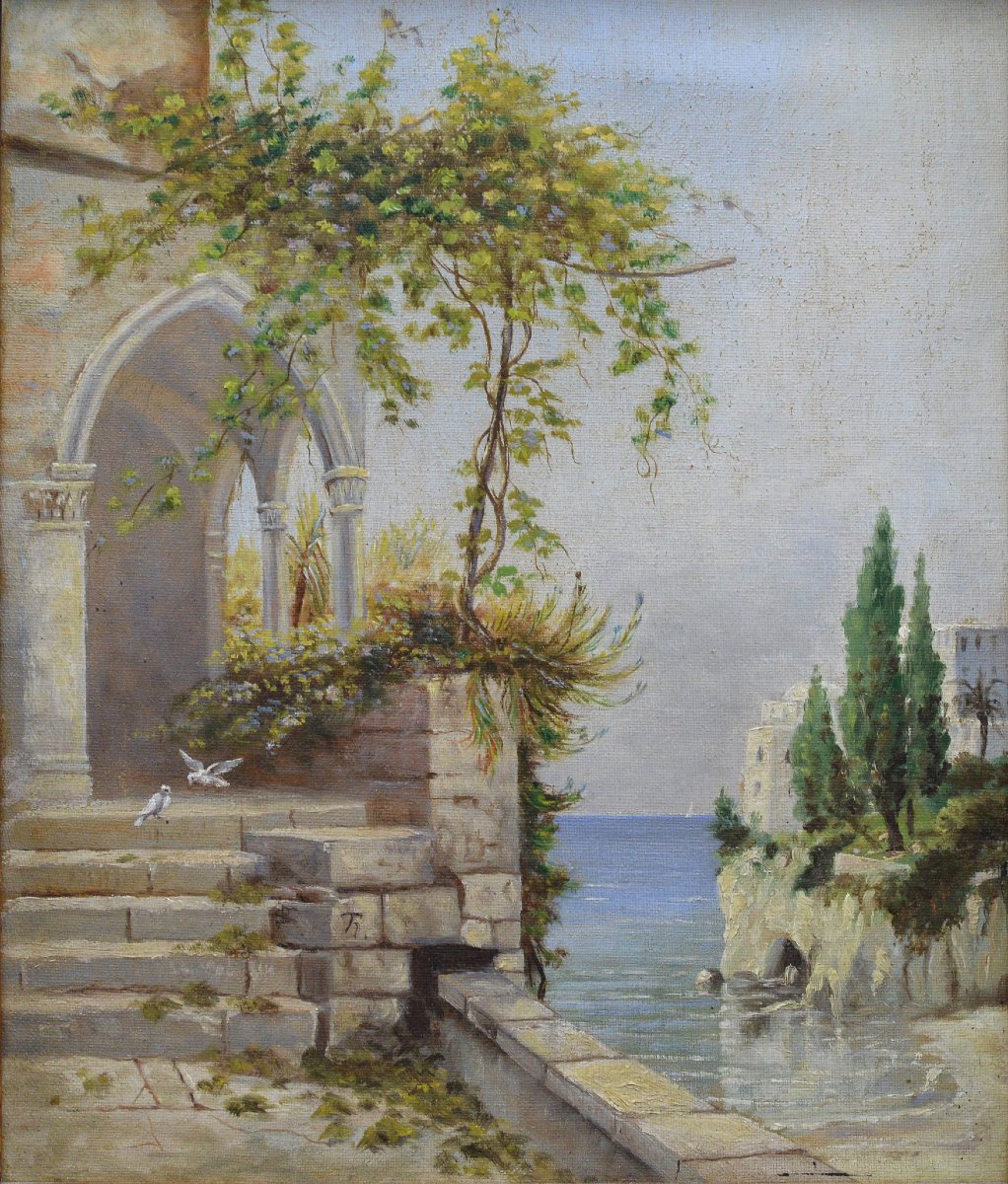 19th Century European Romantic Mediterranean Riviera Oil Canvas Signed Framed-photo-3