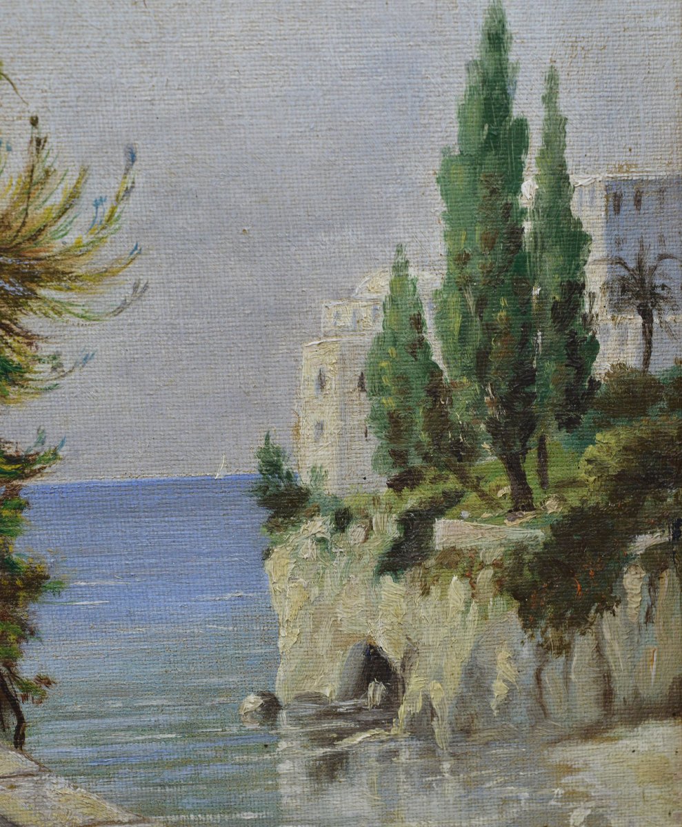 19th Century European Romantic Mediterranean Riviera Oil Canvas Signed Framed-photo-1