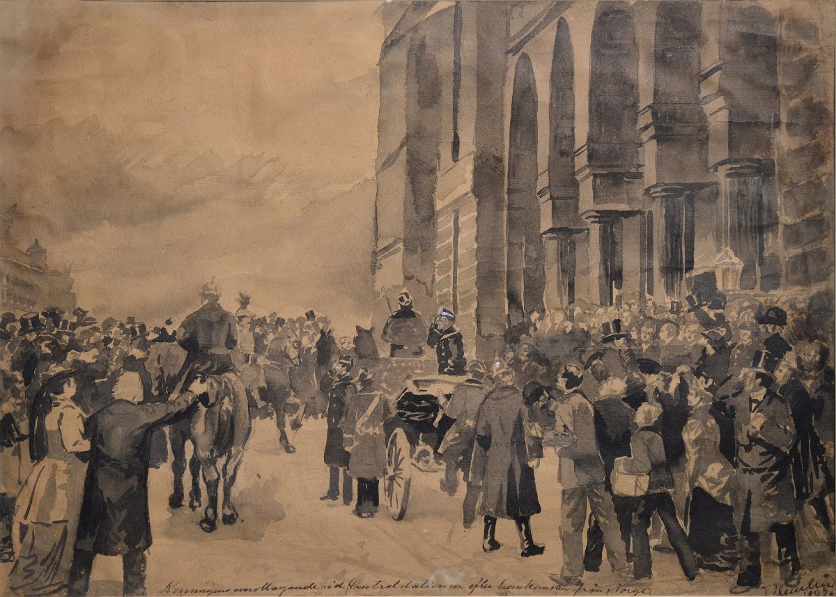 Aquarelle Monochrome Suedoise 19e Siecle Scene Accueil Roi Signee Cadre-photo-2