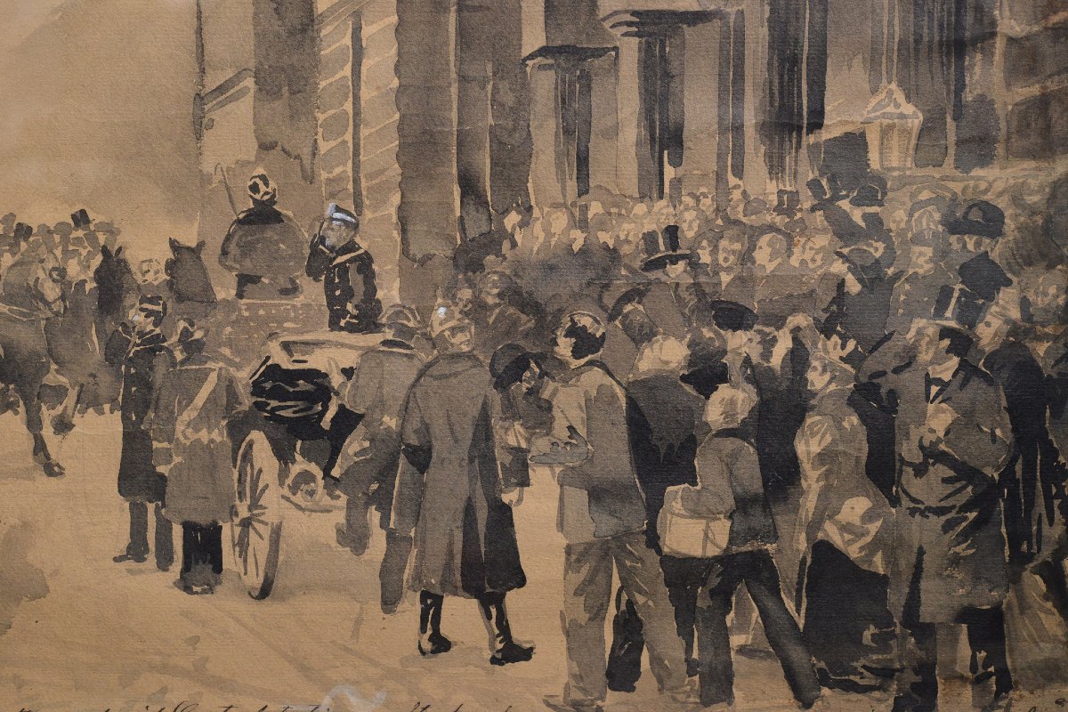 Aquarelle Monochrome Suedoise 19e Siecle Scene Accueil Roi Signee Cadre-photo-3
