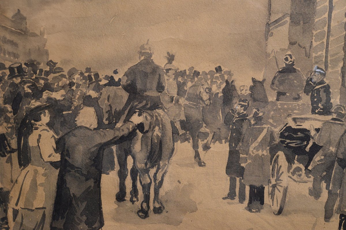 Aquarelle Monochrome Suedoise 19e Siecle Scene Accueil Roi Signee Cadre-photo-4