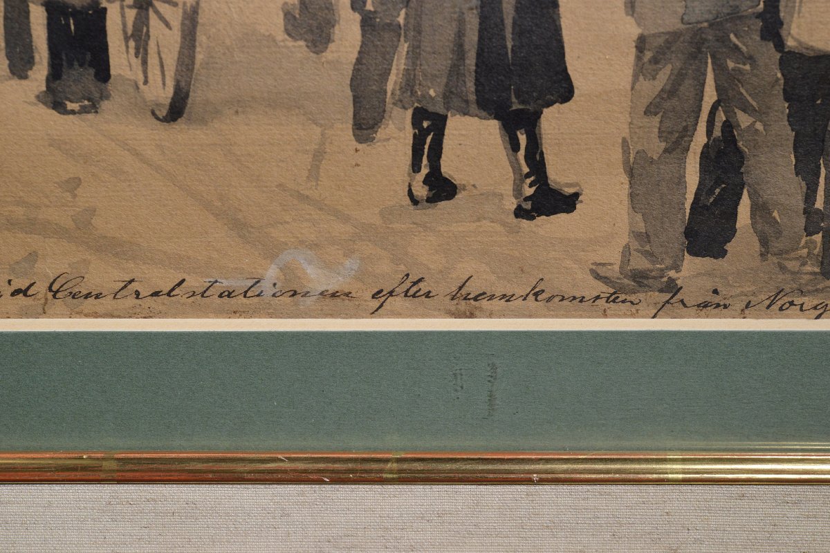 Aquarelle Monochrome Suedoise 19e Siecle Scene Accueil Roi Signee Cadre-photo-2