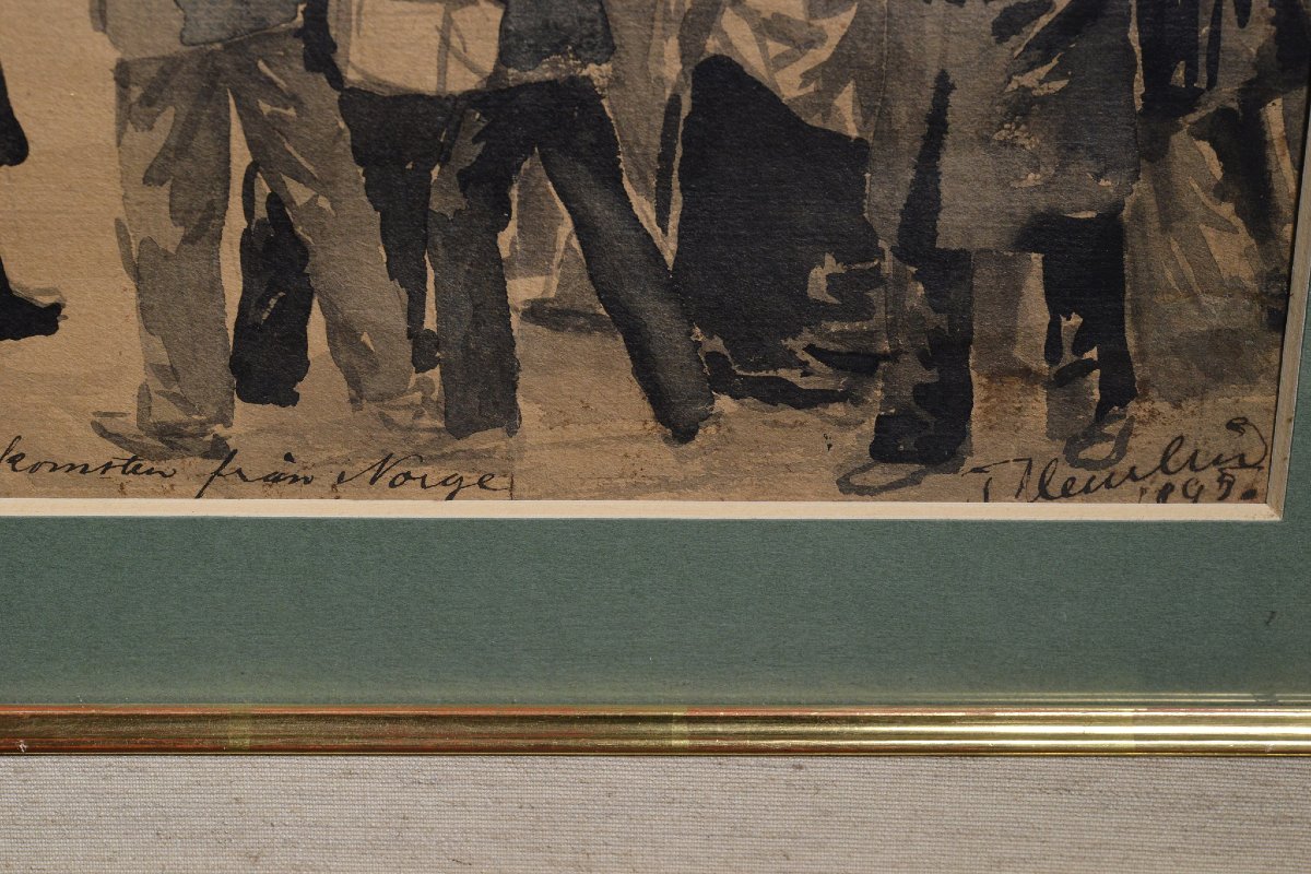 Aquarelle Monochrome Suedoise 19e Siecle Scene Accueil Roi Signee Cadre-photo-3